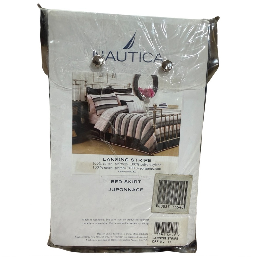 NWT Nautica Lansing Stripe Bed Skirt - Black and Pink